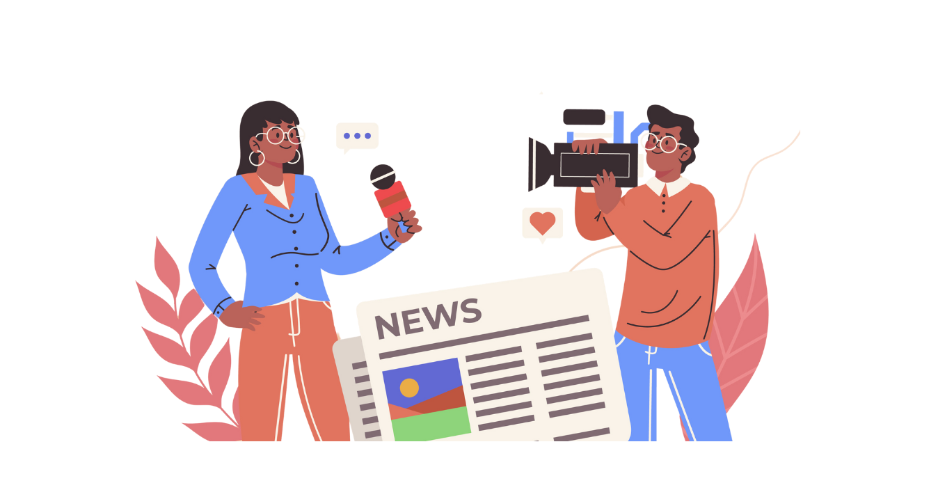 Ilustração de uma repórter com microfone, um cinegrafista e um jornal.